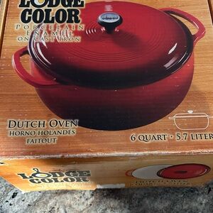 Lodge 6 Quart Red Enameled Cast Iron Dutch Oven With Stainless Steel Knob